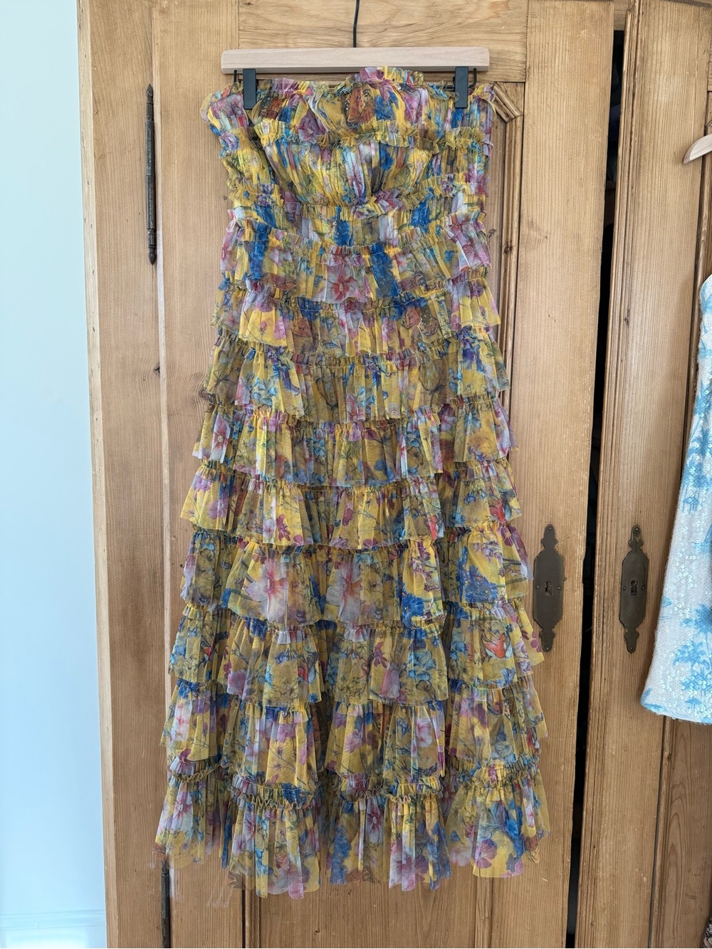 Mac Duggal Strapless Tiered Floral Ruffle Dress in Yellow, Blue, Pink